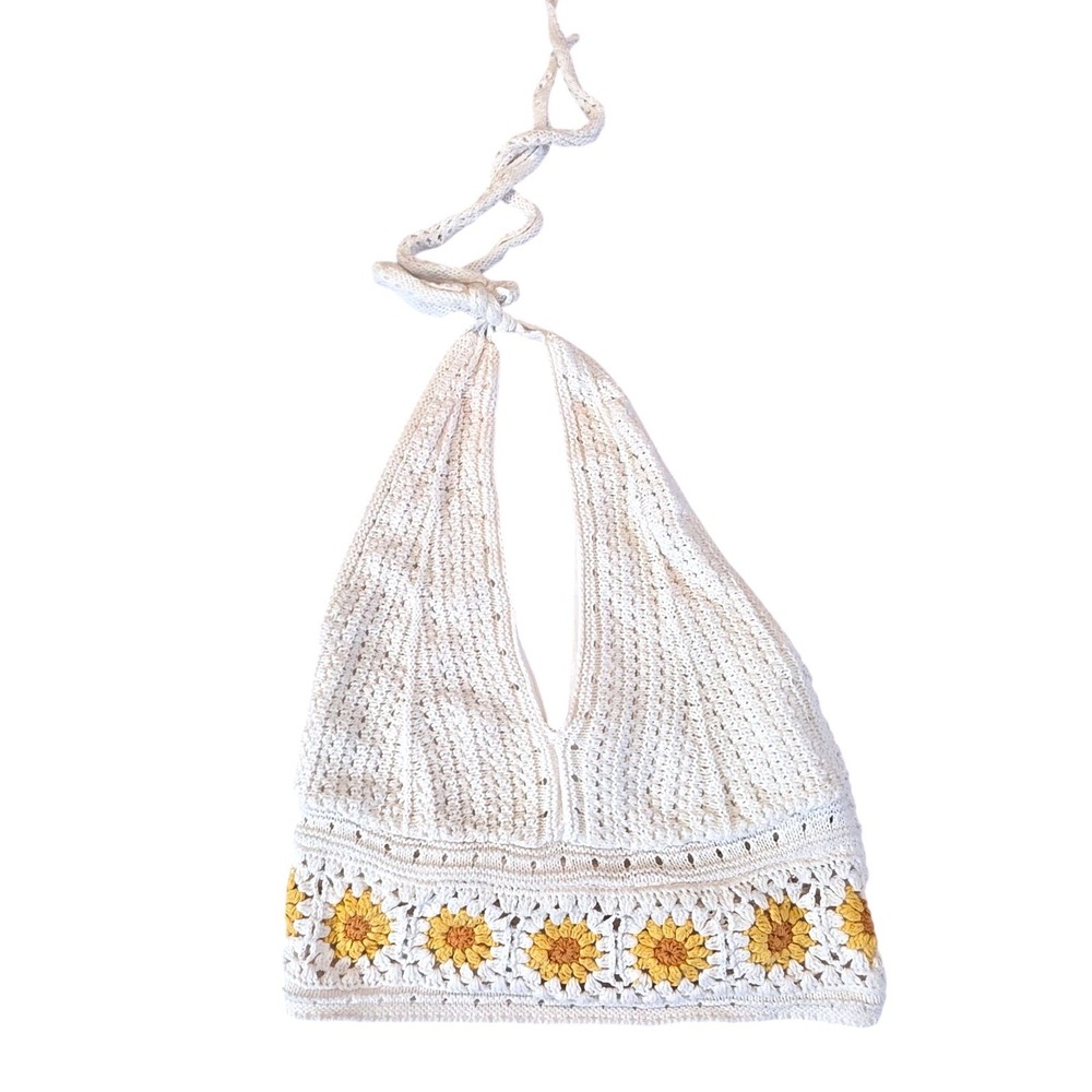 Hollister White Crochet Sunflower Halter Crop Top LG Boho Summer Festival Granny